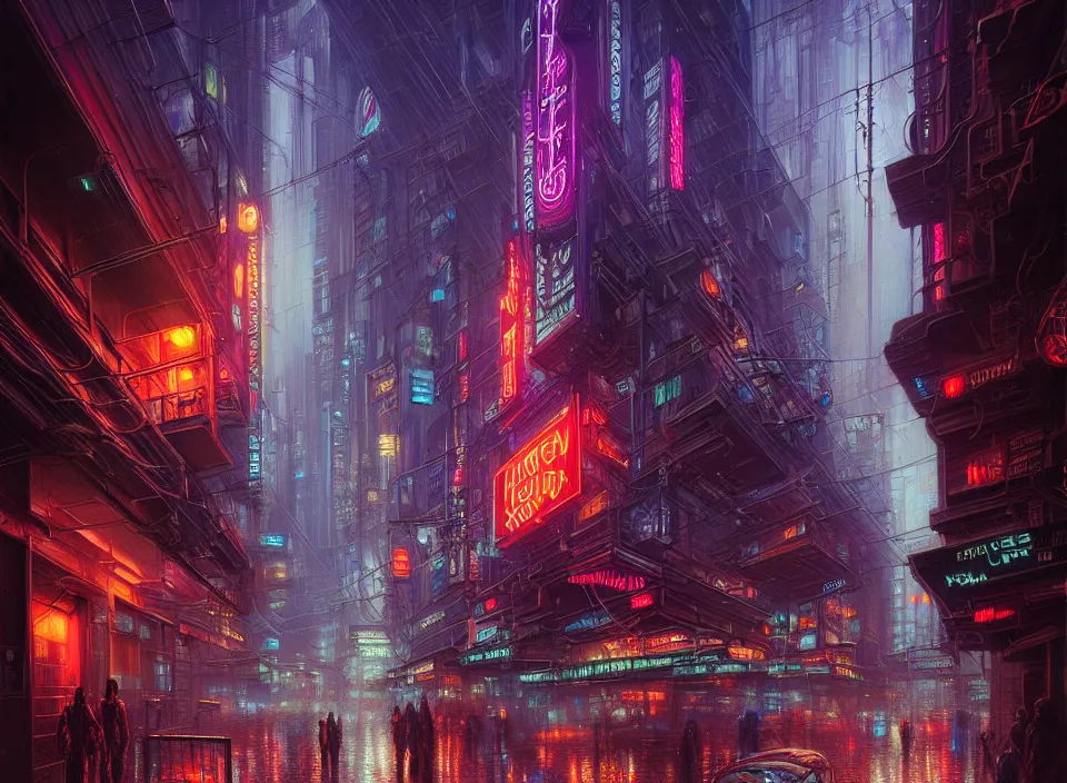 Prompt: rainy night in a cyberpunk city, neon lights, intricate, elegant, highly detailed, centered, digital painting, artstation, concept art, smooth, sharp focus, illustration, artgerm, tomasz alen kopera, peter mohrbacher, donato giancola, joseph christian leyendecker, wlop, boris vallejo