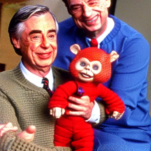 Image similar to Mr. Rogers holding Chucky the killer doll from the movie Child's Play