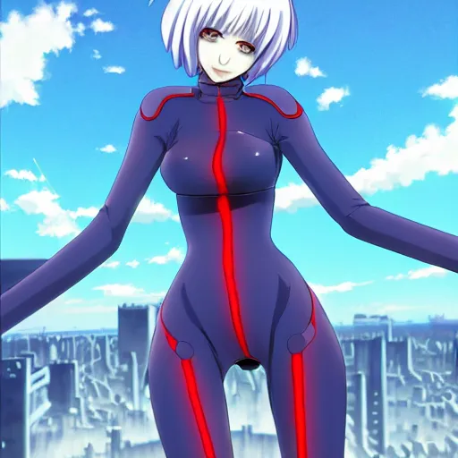 Image similar to anime art, anime fullbody shot of female rei ayanami, long blue hair and large eyes, finely detailed perfect face, in a modern skintight plugsuit, laying on a rooftop, flooded metropolis in ruins, red sea, trending on pixiv fanbox, evangelion, extremely high quality artwork by ilya kuvshinov