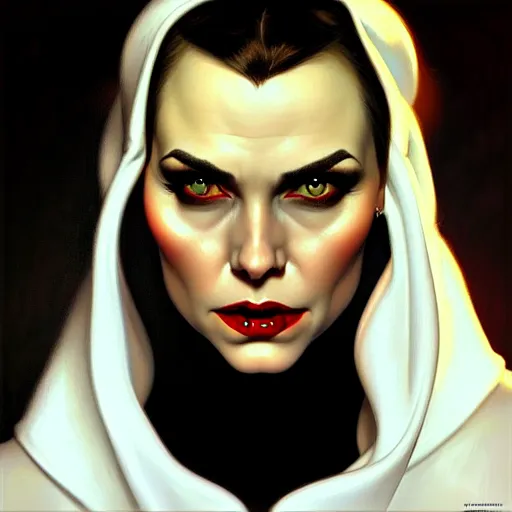 Image similar to close up face of a beautiful bond female VAMPIRE portrait, oil on canvas, artgerm, norman rockwell, craig mulins, trending on pxiv,