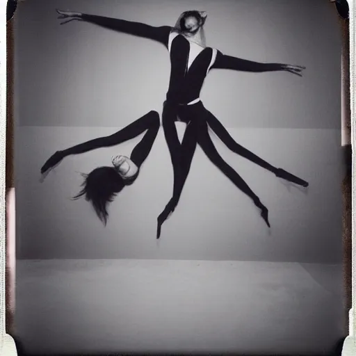 Image similar to polaroid of dancers in geometric costumes, smudge, lo fi, mix, texture