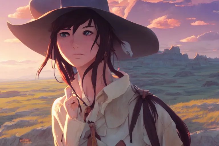 Image similar to western cowgirl in the badlands, single subject, scenic full shot, ambient lighting, detailed face, by makoto shinkai, stanley artgerm lau, wlop, rossdraws