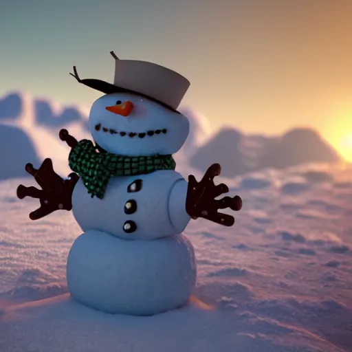 Image similar to a highly detailed snowman with a smile, artstation, DeviantArt, professional, octane render, sunset lighting