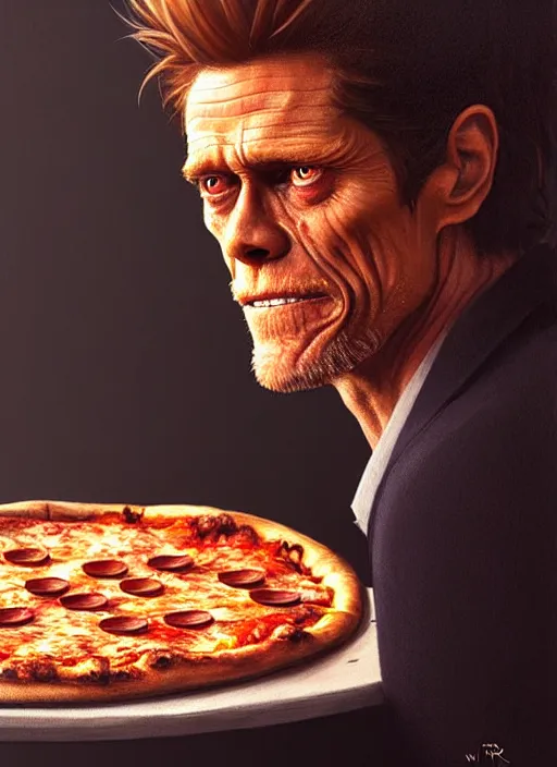 Prompt: portrait of willem dafoe staring intently at a pizza, crying, intricate, elegant, glowing lights, highly detailed, digital painting, artstation, concept art, smooth, sharp focus, illustration, art by wlop, mars ravelo and greg rutkowski