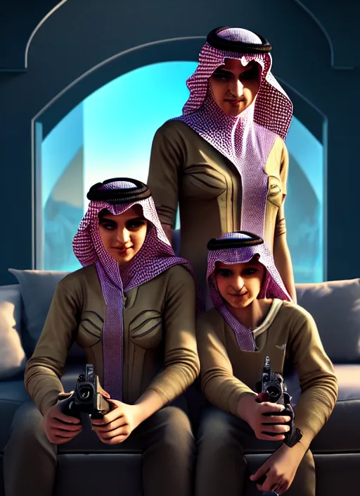 Image similar to portrait, twins playing video games, sheik mohammad ruler of dubai, hyperdetailed illustration by irakli nadar and alexandre ferra, intricate linework, unreal engine 5 highly rendered, global illumination, detailed and intricate environment