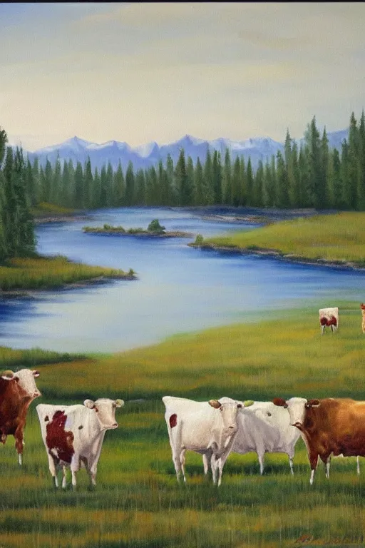 Image similar to bob ross painting of cattle grazing in alberta praries