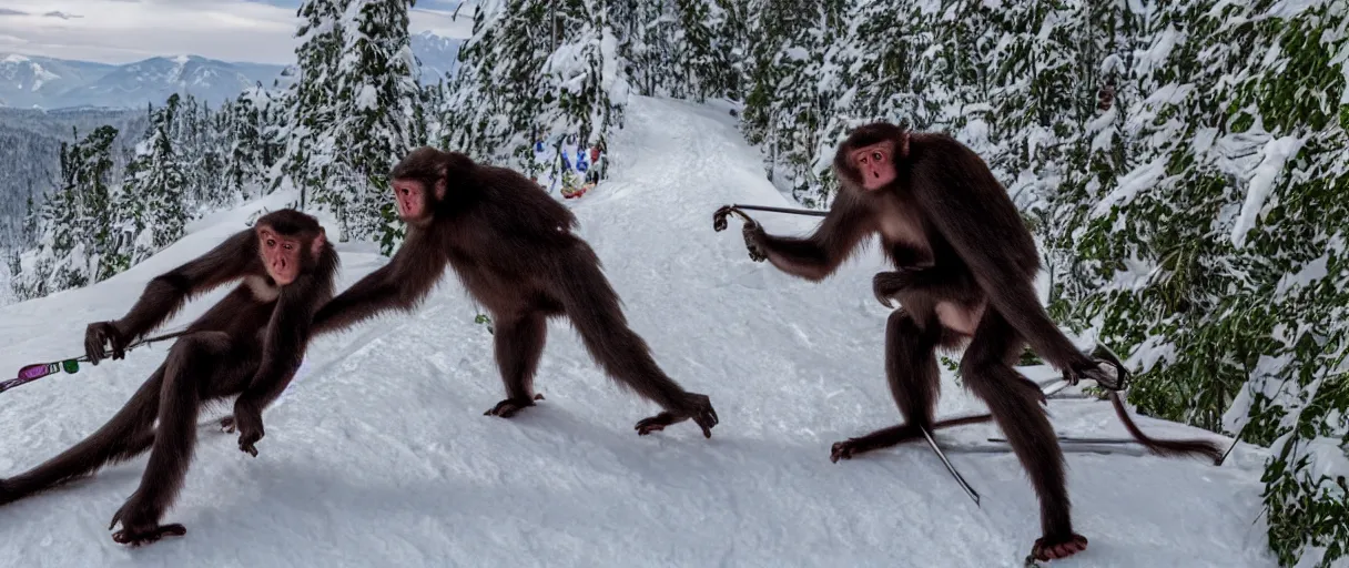 Prompt: Still from BIG MONKEY MOUNTAIN (2022) depicting a skiing monkey crushing a guest like a grape