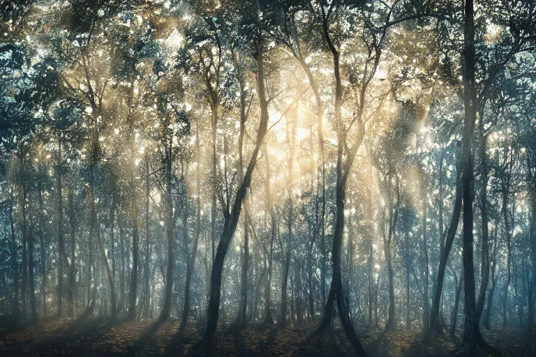 Image similar to portrait of crepe myrtle trees in a forest during a blizzard. golden hour. shadow and light. rays of light. energetic, dynamic, lively, detailed, intricate, complex. fine art by hayao miyazaki, akira toriyama, makoto shinkai, and ohara koson. studio lighting. tilt and shift lens. bokeh.