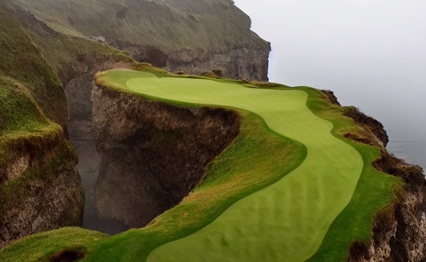 Prompt: a great photograph of the most amazing golf hole in the world, rainy day, cliffs by the sea, perfect green fairway, human perspective, ambient light, 5 0 mm, golf digest, top 1 0 0, fog