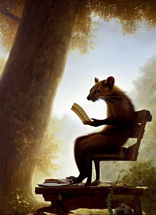 Prompt: a beautiful close - up shot from a fantasy film featuring a humanoid pine marten with golden eyes wearing a loose white tunic reading on a bench. joseph ducreux, greg rutkowski.