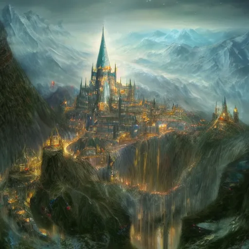 Image similar to very beautiful secret city of the elves gondolin on top of a mountain, highly detailed, digital painting, artstation, matte, sharp focus, impressionnisme, vivid color,