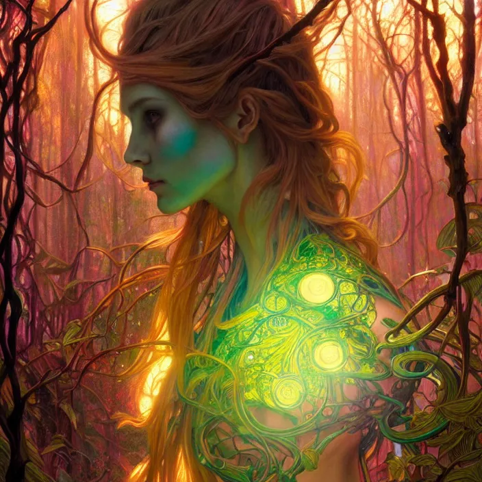 Image similar to bright psychedelic portrait of intelligent organic cyborg in an ancient forest, diffuse lighting, fantasy, intricate, elegant, highly detailed, lifelike, photorealistic, digital painting, artstation, illustration, concept art, smooth, sharp focus, art by John Collier and Albert Aublet and Krenz Cushart and Artem Demura and Alphonse Mucha