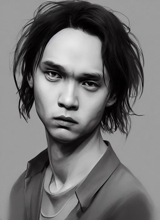 Prompt: frank dillane, webtoon semi realism, anime realism, slim face, appealing, photorealism, naver fanpop, quotev, kpop amino, webtoon, amazing depth, sakimichan, greg rutowski, artgerm, volumetric lighting, cinematic, artstation concept art