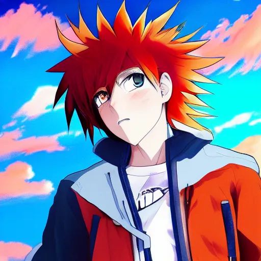 Image similar to orange - haired anime boy, 1 7 - year - old anime boy with wild spiky hair, wearing blue jacket, golden hour, partly cloudy sky, red clouds, orange sky, old town, strong lighting, strong shadows, vivid hues, ultra - realistic, sharp details, subsurface scattering, intricate details, hd anime, 2 0 1 9 anime