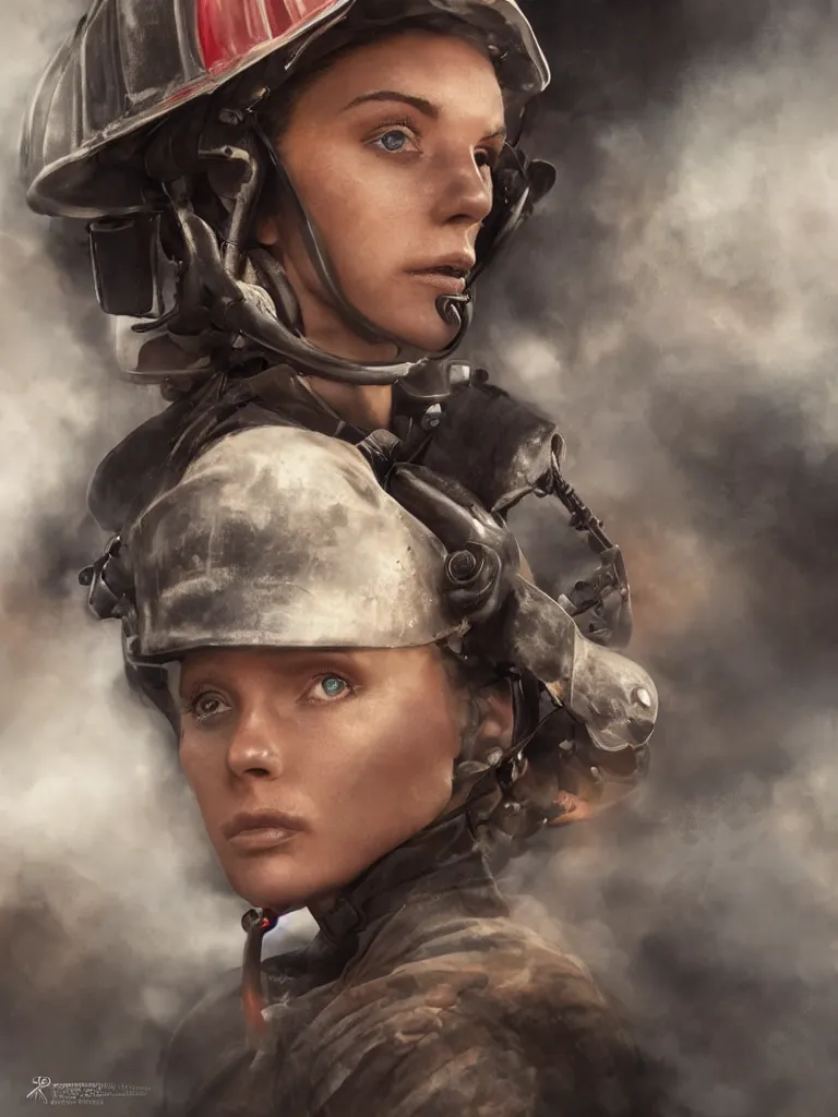 Image similar to intense close up portrait of beautiful woman fire fighter by disney concept artists, blunt borders, rule of thirds