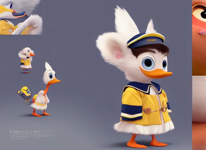 Image similar to award - winning detailed concept art of a cute iconic anthropomorphic duck character wearing a sailor suit. art by wlop on bcy. net, realistic. detailed feathers, art by cheng yi. artstationhd, artgerm, 3 dcg, pixar zootopia. 3 d rendering, high quality model sheet, donald