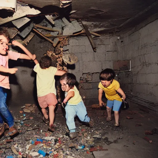 Image similar to crazy children destroying a basement, photograph, high quality