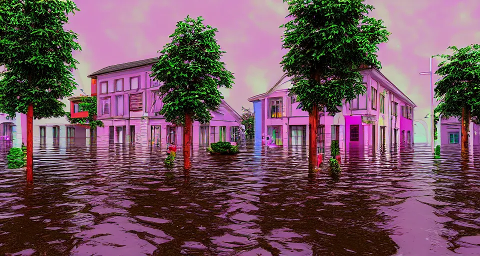 Image similar to 80s vaporwave outrun 3d Render of a german town being flooded, liminal space retro, grainy, noisy