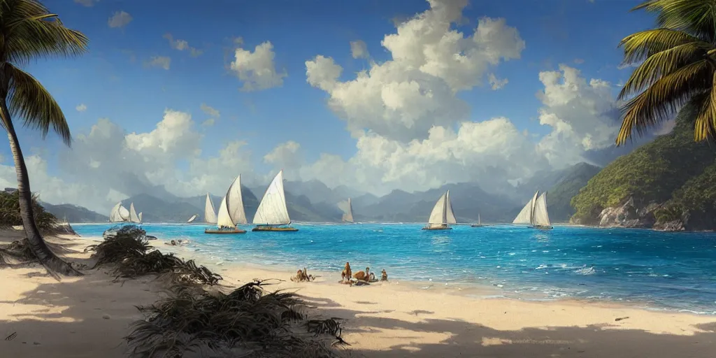 Image similar to ultra realistic illustration,, a beach in tanzania with sailboats in the distance, tropical blue water intricate from baldurs gate, elegant, highly detailed, digital painting, artstation, concept art, smooth, sharp focus, illustration, art by artgerm and greg rutkowski and alphonse mucha