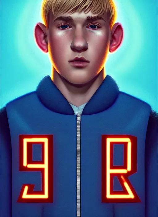 Image similar to portrait of high school senior boy named big moose, blonde short hair, jock, beefy, wide face, square jaw, square facial structure, blue varsity jacket with letter r, intricate, elegant, glowing lights, highly detailed, digital painting, artstation, concept art, sharp focus, illustration, art by wlop, mars ravelo and greg rutkowski