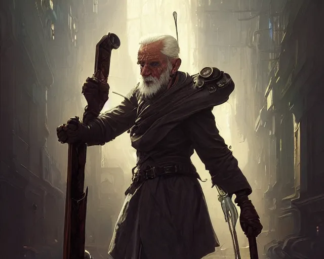 Image similar to old man with cyberpunk walking stick, deep focus, d & d, fantasy, intricate, elegant, highly detailed, digital painting, artstation, concept art, matte, sharp focus, illustration, hearthstone, art by artgerm and greg rutkowski and alphonse mucha