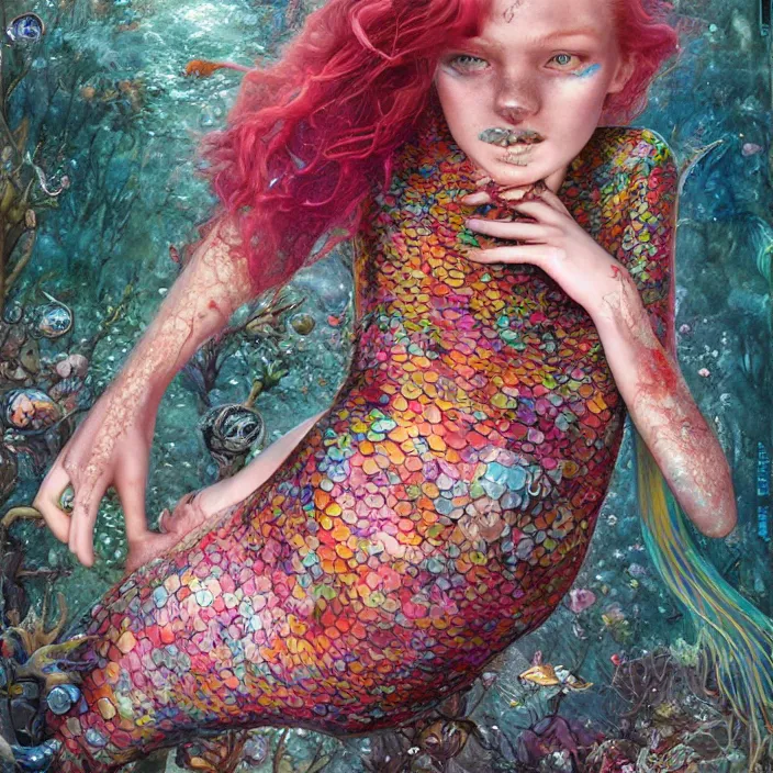 Prompt: a fashion editorial of sadie sink as a brightly colored mermaid alien hybrid with wet mutated skin. wearing an growing organic catsuit. by tom bagshaw, donato giancola, hans holbein, walton ford, gaston bussiere, brian froud, peter mohrbacher and magali villeneuve. 8 k, cgsociety