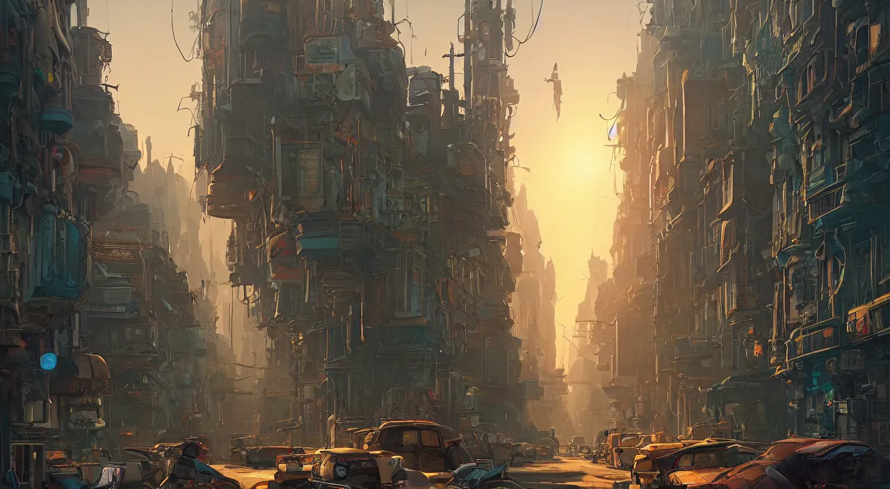 Prompt: a street level painting towards the horizon with high detail, sci - fi colorful victorian megacity at golden hour with sharp shadows by tyler edlin and sparth, wide angle lens, 4 k, vray, art nouveau influences. roger deakins, cinematic cinematography.