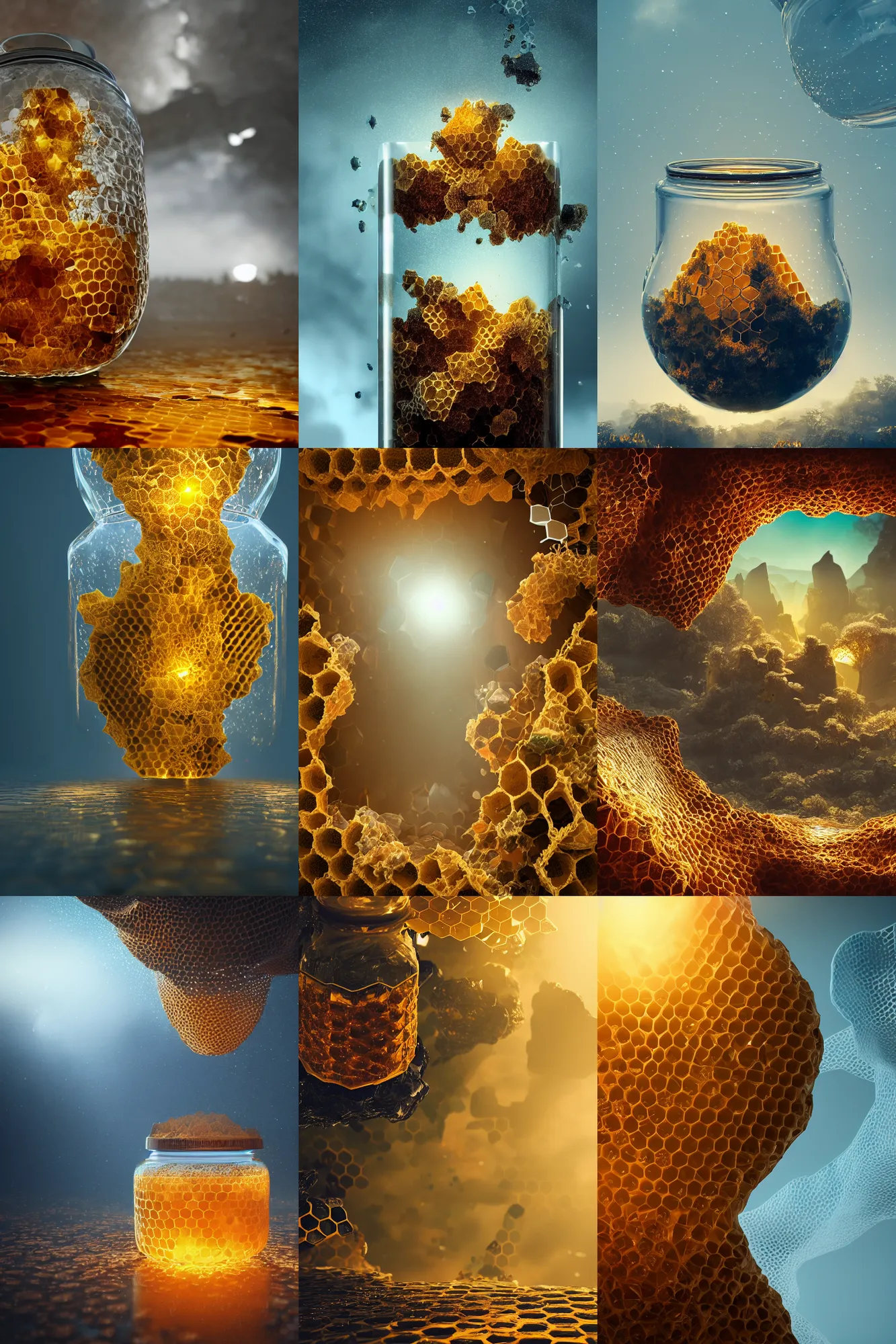 Prompt: honeycomb landscape inside a glass jar, intricate detail, volumetric lighting, epic composition, hyper detailed, ultra realistic, sharp focus, octane render, volumetric, ray tracing,, sense of awe, swirling mist, 4 k