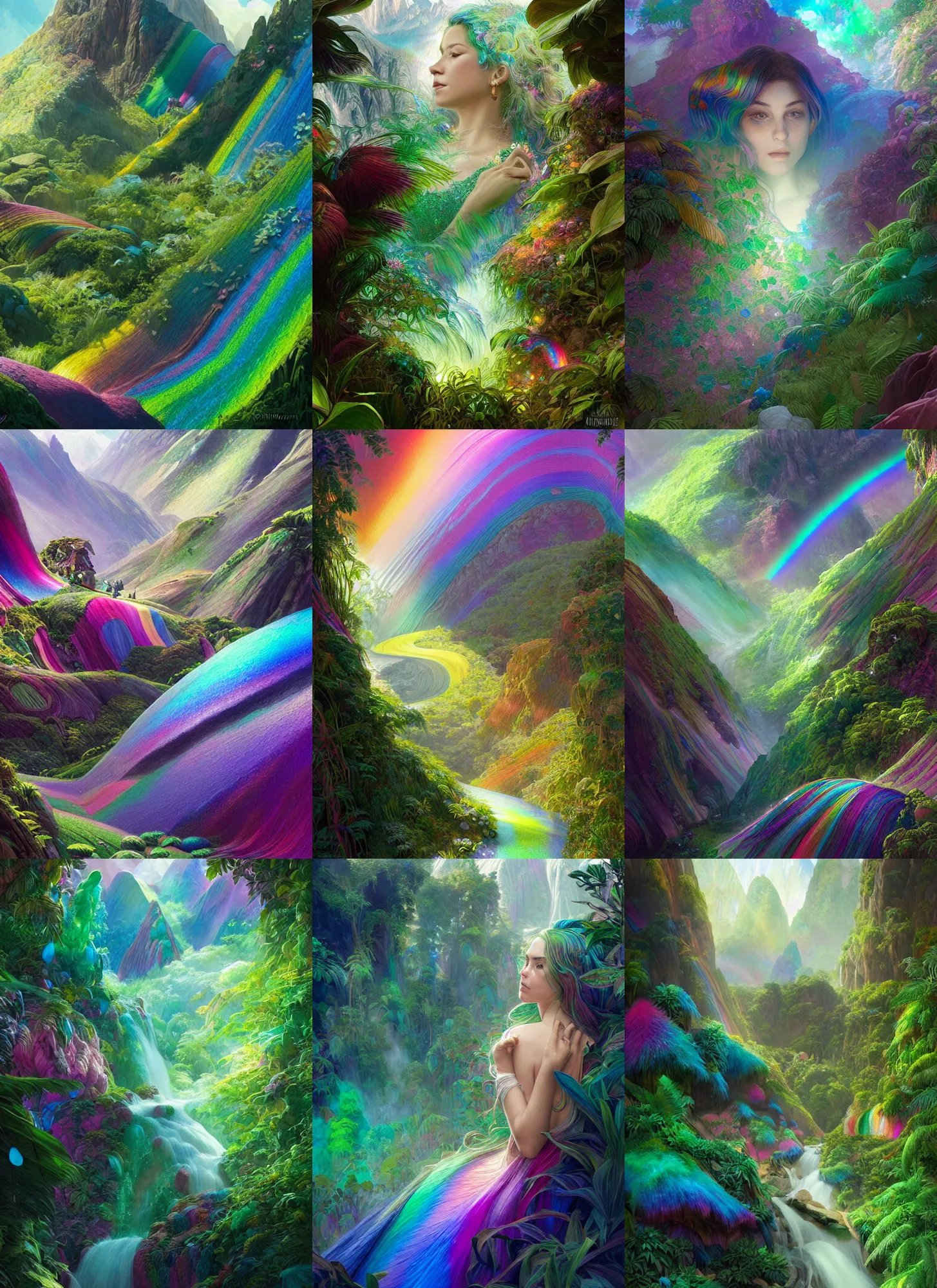 Prompt: rainbow mountain in peru, iridescent diaphanous refractive and reflective crystal crystalline pearly, verdant, lush, overgrown, fantasy, intricate, elegant, highly detailed, digital painting, artstation, concept art, matte, sharp focus, illustration, hearthstone, art by artgerm and greg rutkowski and alphonse mucha