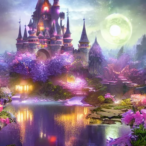 Image similar to a single glittering fairy castle at night, a full moon, water and colourful flowers, extremely detailed oil painting, unreal 5 render, fantasy digital art, octane render, beautiful composition, trending on artstation, award-winning photograph, masterpiece