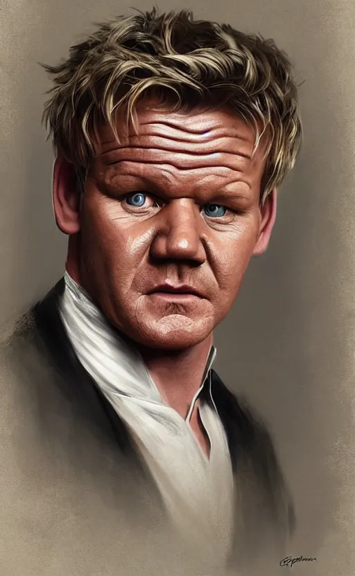 Prompt: Portrait of Gordon Ramsay as a victorian gentleman, male, detailed face, 19th century, highly detailed, cinematic lighting, digital art painting by greg rutkowski