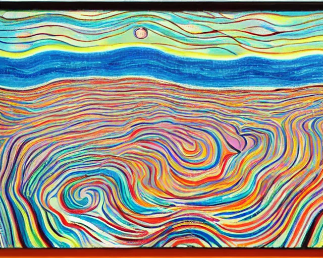 Prompt: Ocean waves in a psychedelic dream world. DMT. Curving rivers. Landscape painting by Edvard Munch. David Hockney. Takashi Murakami. Minimalist.