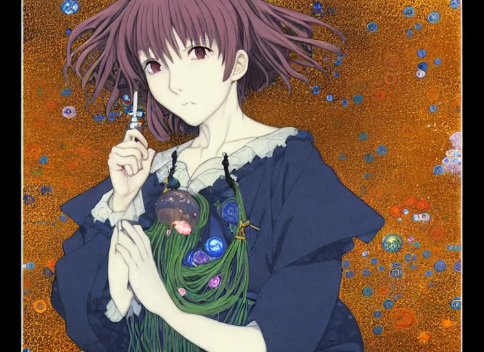 Prompt: a witch casting a spell, digital art, Kyoto animation,last exile, blue submarine no. 6, gustav klimt,loish, murata range, kawaii, yoshitaka amano, studio lighting, manga, bright colors, beautiful, 28mm lens, vibrant high contrast, gradation, jean giraud, fantasy, rule of thirds, fibonacci, intricate, cel shaded, blender npr, flat, matte print