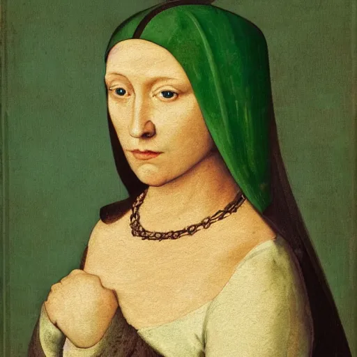Prompt: portrait of a 40 years old women, dark red hair, green eyes, in medieval clothing, renaissance painting