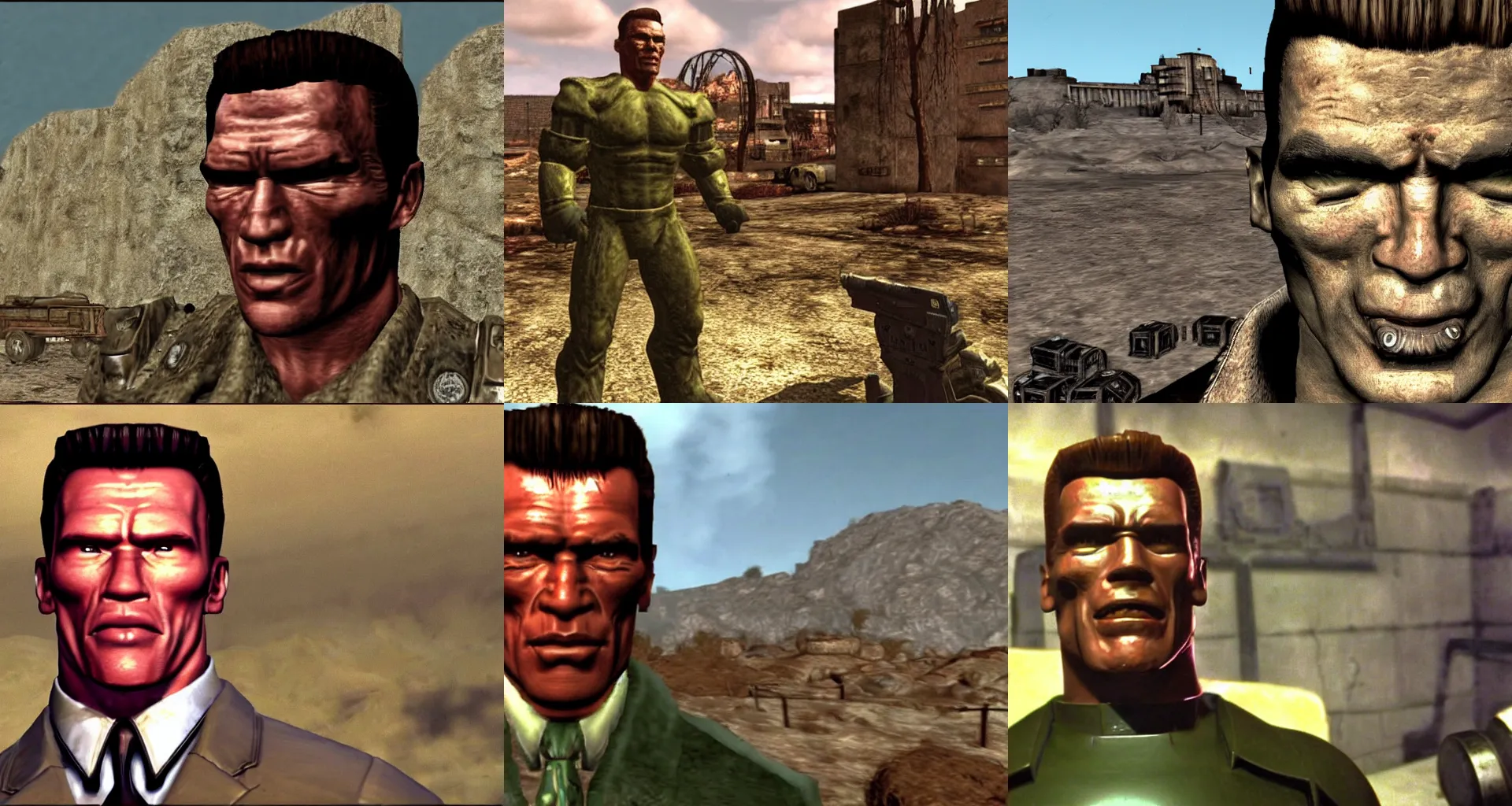 Prompt: Fallout 1 talking head of Arnold Schwarzenegger screenshot from Fallout 1997
