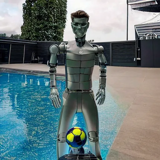 Image similar to a realistic detailed photo of a guy who is an attractive humanoid who is half robot and half humanoid, who is a male android, soccer player timo werner, shiny skin, posing like a statue, blank stare, by the pool, on display, showing off his muscles, humanoid robot, frozen ice statue, made of ice