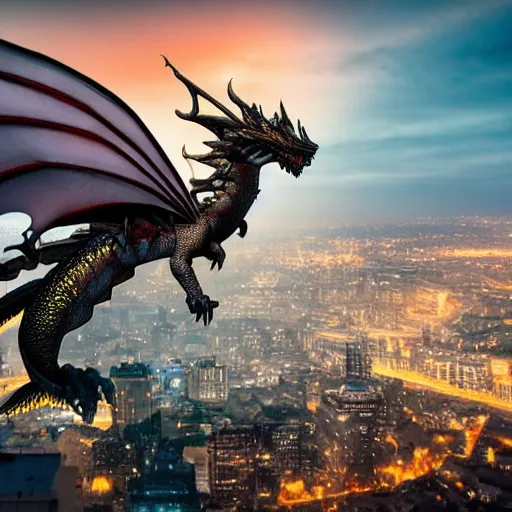 Image similar to photo of a fantasy dragon on top of a building, breathing fire to the city below, highly detailed, high quality, HD, 4k, 8k, Canon 300mm, professional photographer, 40mp, lifelike, top-rated, award winning, realistic, sharp, no blur, edited, corrected, trending