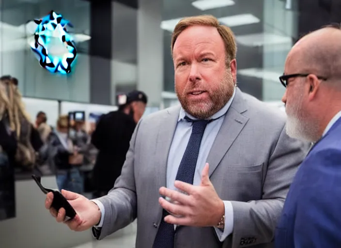 Image similar to dslr photo still of infowars host alex jones in a blue suit fat grey beard and mustache in an!!! apple store trying talking to an employee in a panic!!!, 5 2 mm f 1. 8