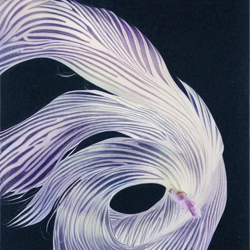 Prompt: a graceful iridescent white betta fish with long swirling fins, black-water-background, traditional Chinese painting