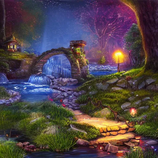 Prompt: painting, high detail, woodland village, in the night, fantasy, crescent moon, stone paths, bridge, water stream, luminous, toadstools, fireflies, fantasy,, flowers, waterfall, lanterns, mist, highly detailed painting, fine lines, 8 k realistic, sharp focus