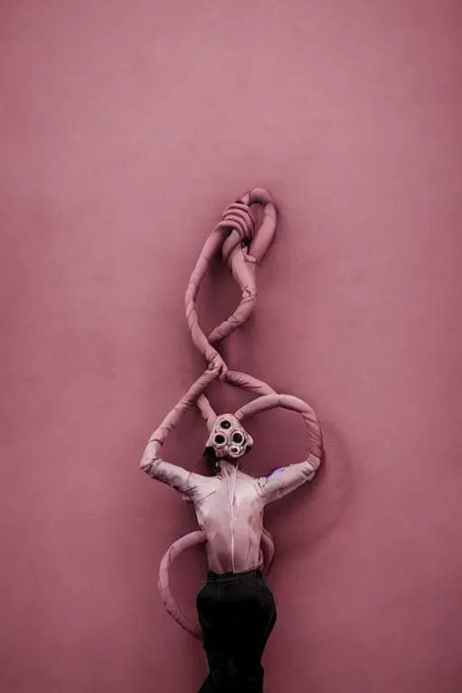 Image similar to a surreal portrait of intertwined and contorted figures wearing gas mask next to a pink wall in the style of brooke didonato, editorial fashion photography from vogue magazine, full shot, nikon d 8 1 0, ƒ / 2. 5, focal length : 8 5. 0 mm, exposure time : 1 / 8 0 0, iso : 2 0 0