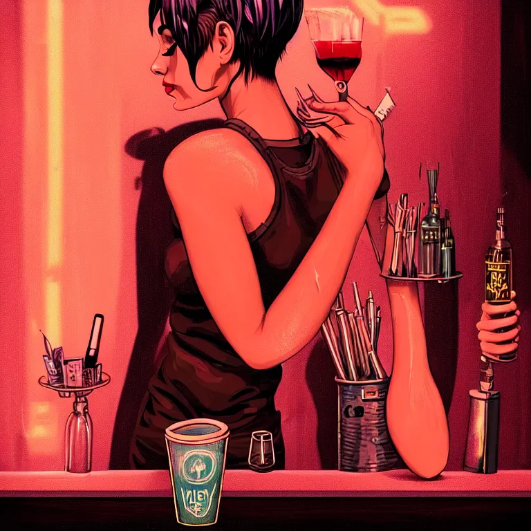 Prompt: a young sophisticated beautiful barmaid, dimly lit industrial grunge cyberpunk dive bar, dystopian retrofuturistic 1980s neon vibe, relaxed pose, sitting at the bar, pixie cut with shaved side hair, wild, highly detailed, digital painting, artstation, sharp focus, illustration, detailed painterly digital art style by Joe Fenton + perfect facial symmetry + dim volumetric lighting, vibrant deep colors, 🍸, 8k octane beautifully detailed render, post-processing, extremely hyperdetailed, epic composition, grim yet sparkling atmosphere, cinematic lighting + masterpiece, Art Nouveau, unreal engine, hyperrealistic