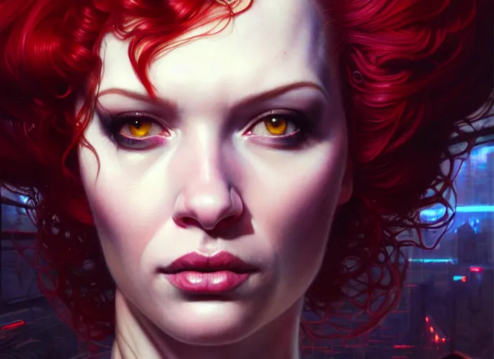 Image similar to portrait shot of a christina hendricks in cyberpunk 2 0 7 7, intricate, elegant, highly detailed, centered, digital painting, artstation, concept art, smooth, sharp focus, illustration, artgerm, tomasz alen kopera, peter mohrbacher, donato giancola, joseph christian leyendecker, wlop, boris vallejo