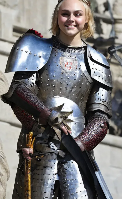 Prompt: annasophia robb wearing medieval armour, bowl haircut, holding fleur-de-lis banner