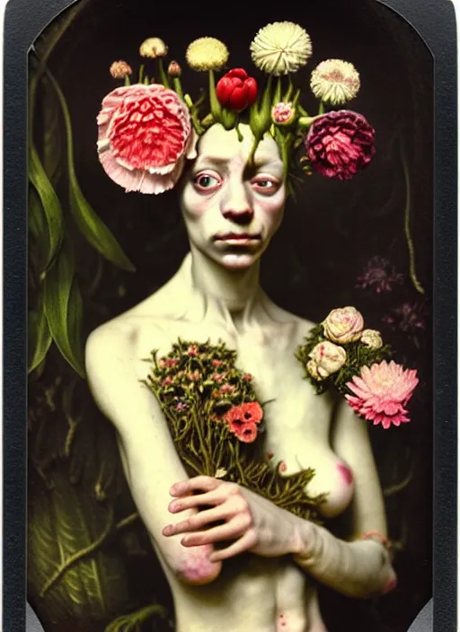 Image similar to beautiful and detailed rotten woman made of plants and many types of stylized flowers like carnation, chrysanthemum, roses and tulips, intricate, surreal, vladimir volegov, john constable, guy denning, gustave courbet, caravaggio, romero ressendi, 1 9 1 0 polaroid photo
