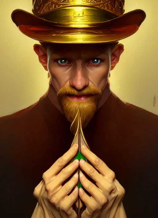 Image similar to symmetry portrait of leprechaun, intricate, elegant, highly detailed, digital painting, artstation, concept art, smooth, sharp focus, illustration, art by artgerm and greg rutkowski and alphonse mucha, 8 k