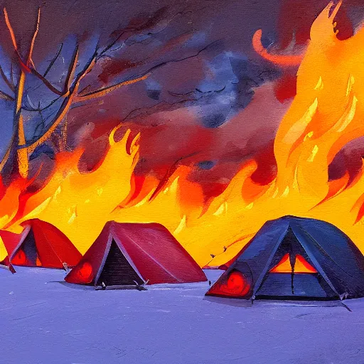 Image similar to a camp with tents on fire, burning down, shadows of 3 girls watching the camp burn, snow, painted by Sylvain Sarrailh