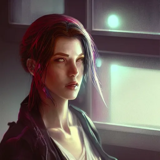 Image similar to portrait of cyberpunk woman looking out of a window, cyberpunk setting, futuristic, highly detailed, intricate lighting, digital painting, sharp focus, illustration, trending on artstation, art by charlie bowater.