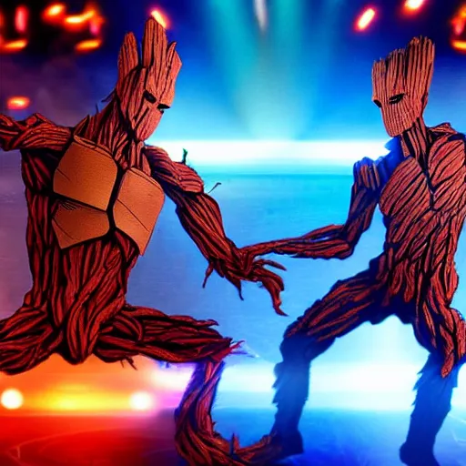 Image similar to groot and optimus prime dancing at techno party among people, wide shoot, after effect, ultra realistic