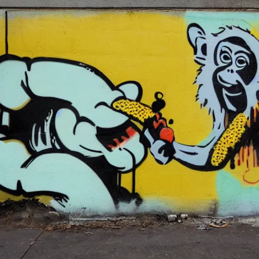 Image similar to monkey eats a banana, graffiti, photograph, made by banksy, yellow and brown colors, spray brush, midday, sunny, professional